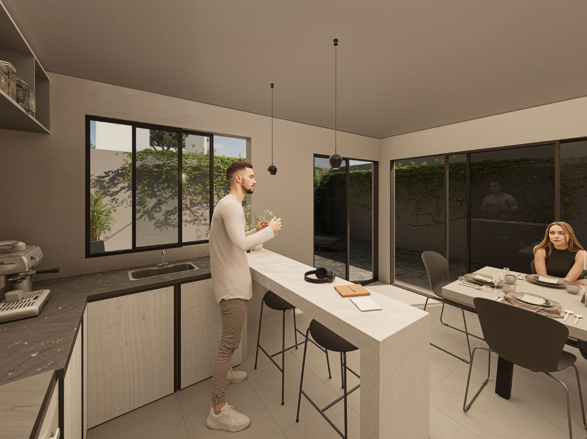Render Cocina Equipada Desayunador Comedor