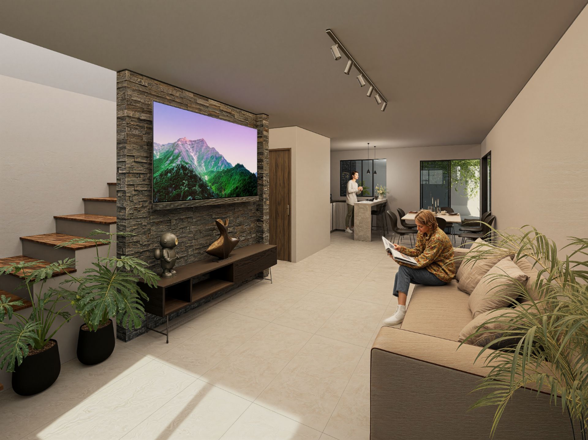 Render Living Comedor Espacio Amplio