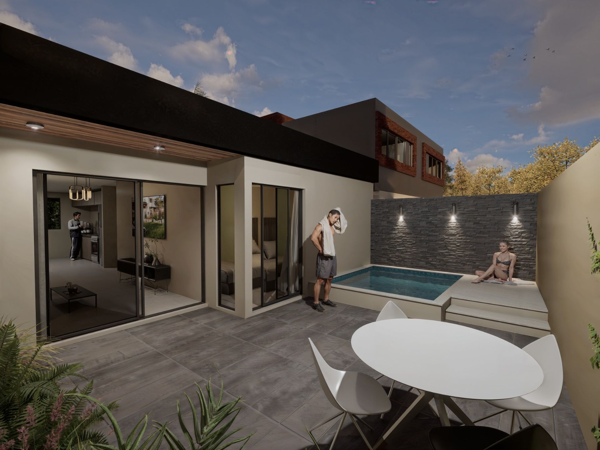 Render Patio Secundario Piscina Puerta Doble Vidrio