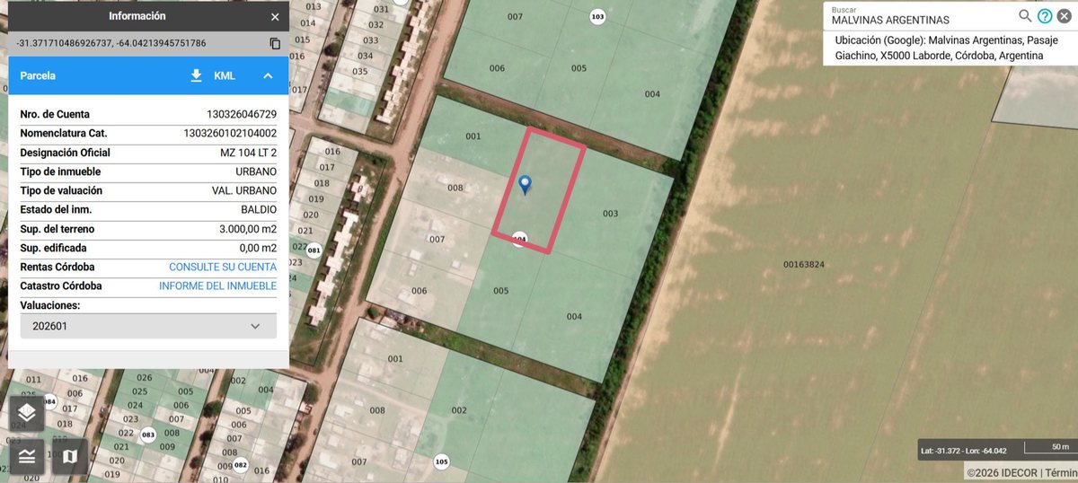 Vista principal de Terreno Lote en Barrio Malvinas Argentinas